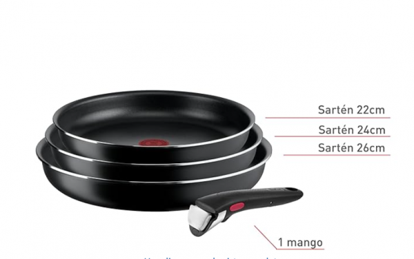Tefal Ingenio Easy On - Juego de 3 Sartenes 22/24/26 cm + Mango extraíble, No apto inducción, antiadherentes, revestimiento titanio, Thermo-signal, sin PFOA, apto lavavajillas y horno
